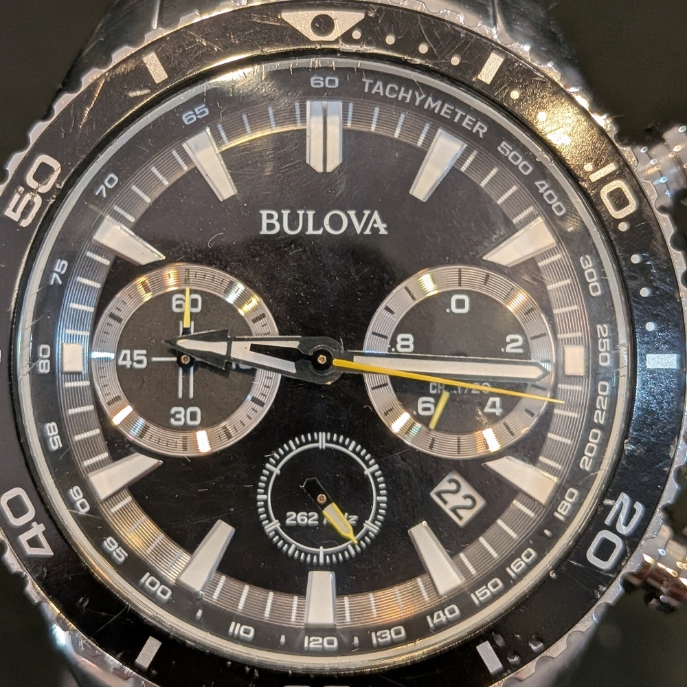 Bulova Black and Silver Tachymeter Watch Precisionist